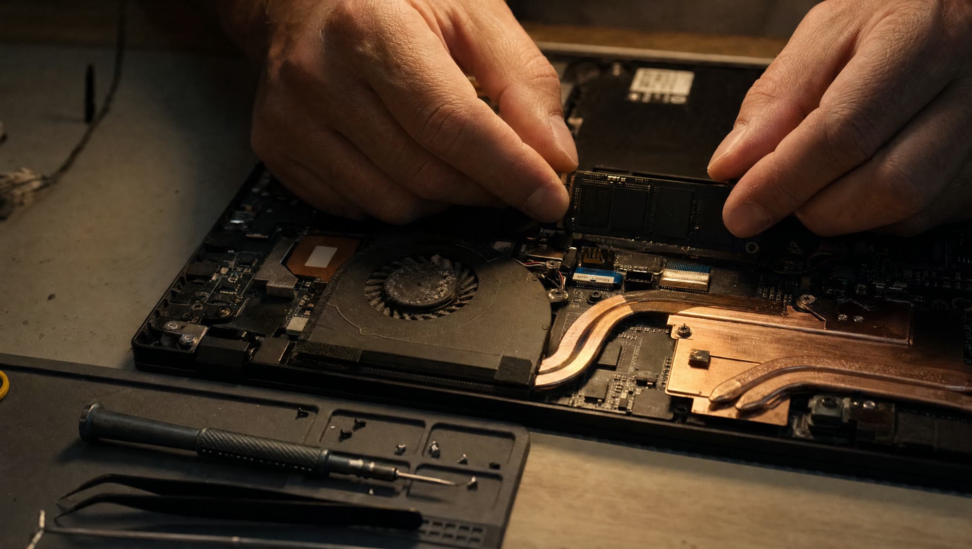 A technician's hands seating an SSD into an opened laptop on the Crashpad bench.