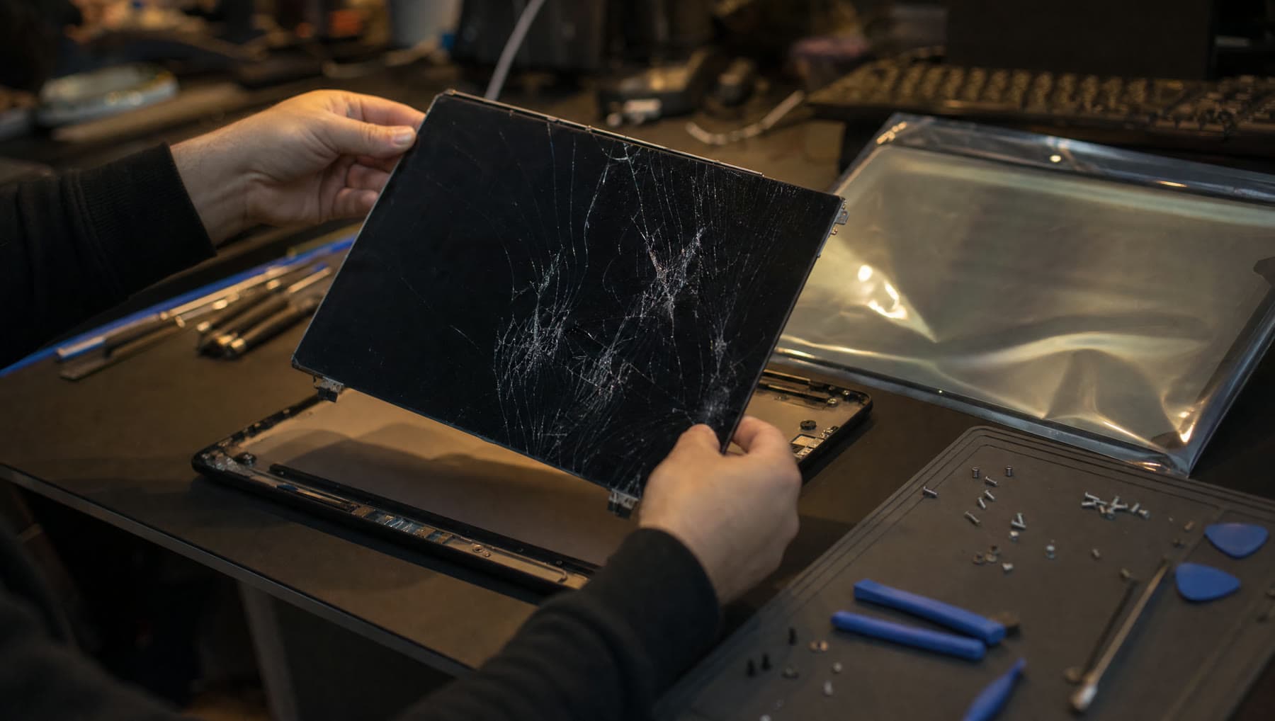 A technician lifting a cracked laptop panel out of its bezel, a replacement panel waiting beside it.