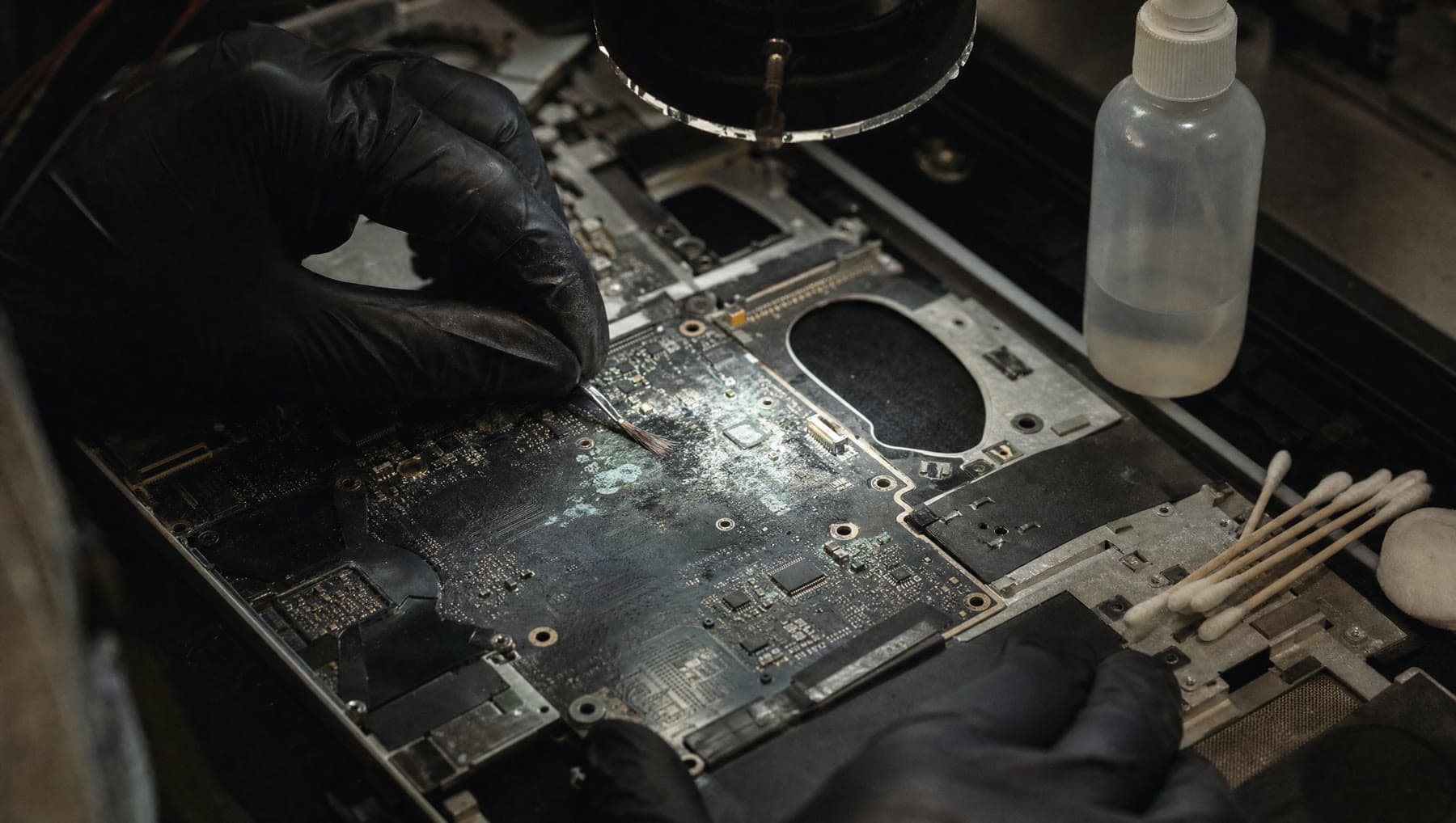 A laptop board with visible corrosion being cleaned with a fine brush and isopropyl alcohol under an inspection lamp.