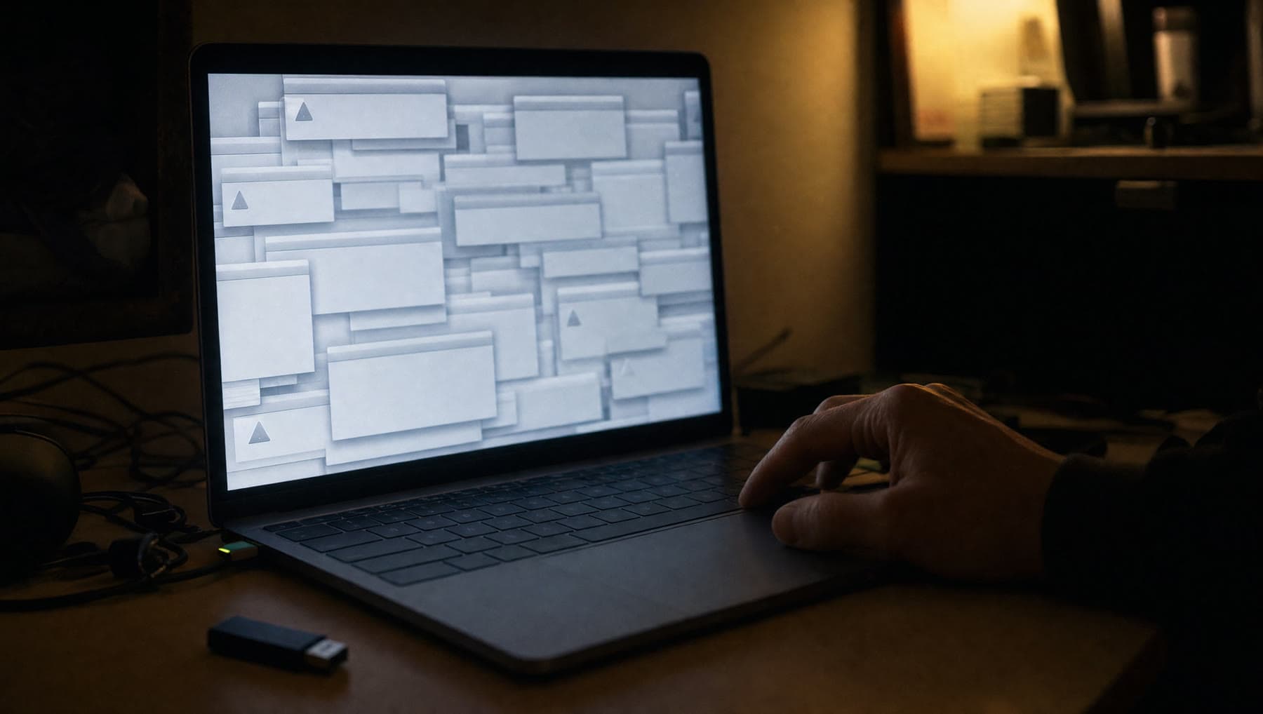 A laptop in a dark room showing a cascade of warning dialogs, a hand on the trackpad.