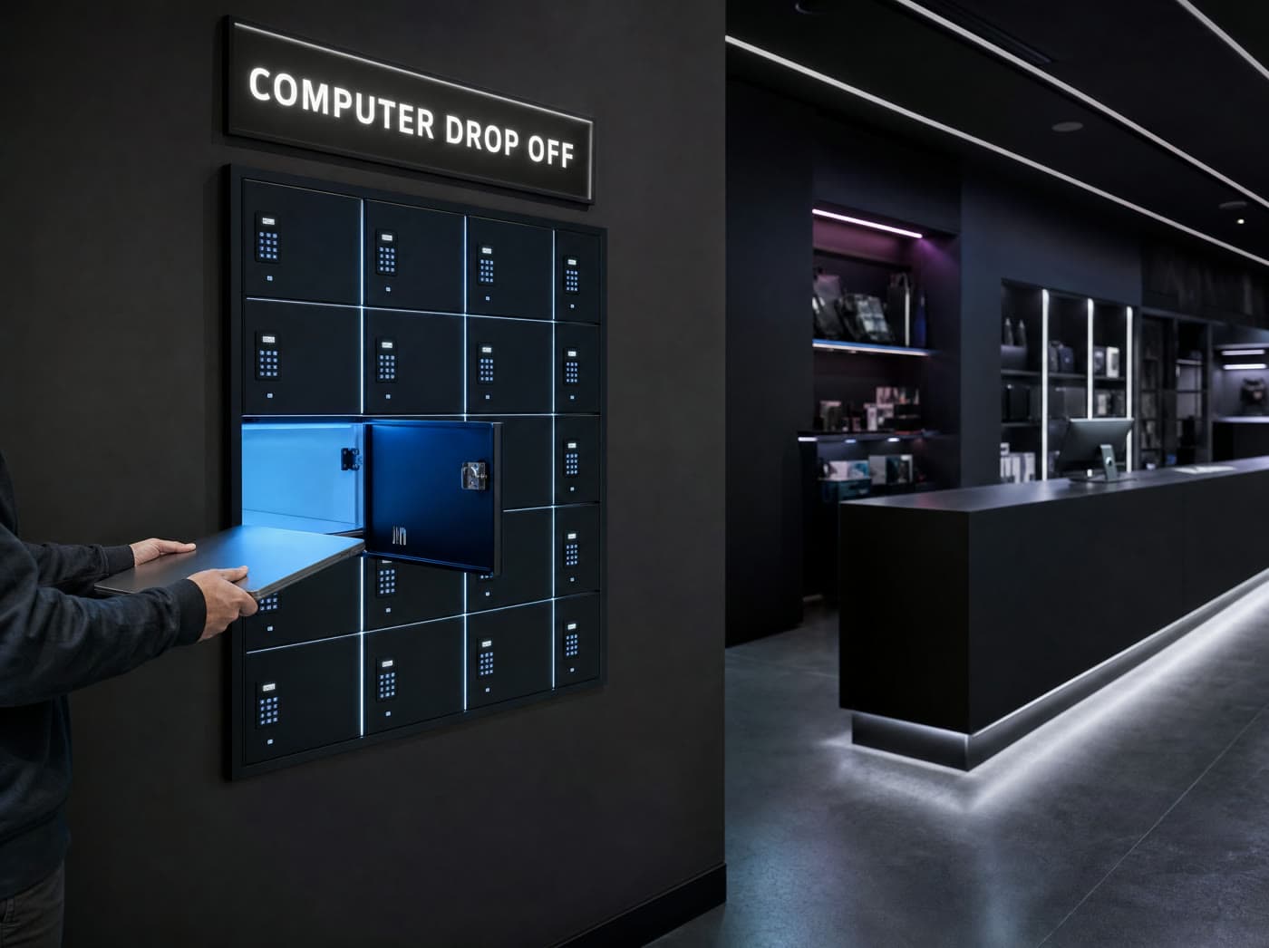 A laptop being slid into an open, lit locker in the self-service drop-off wall.