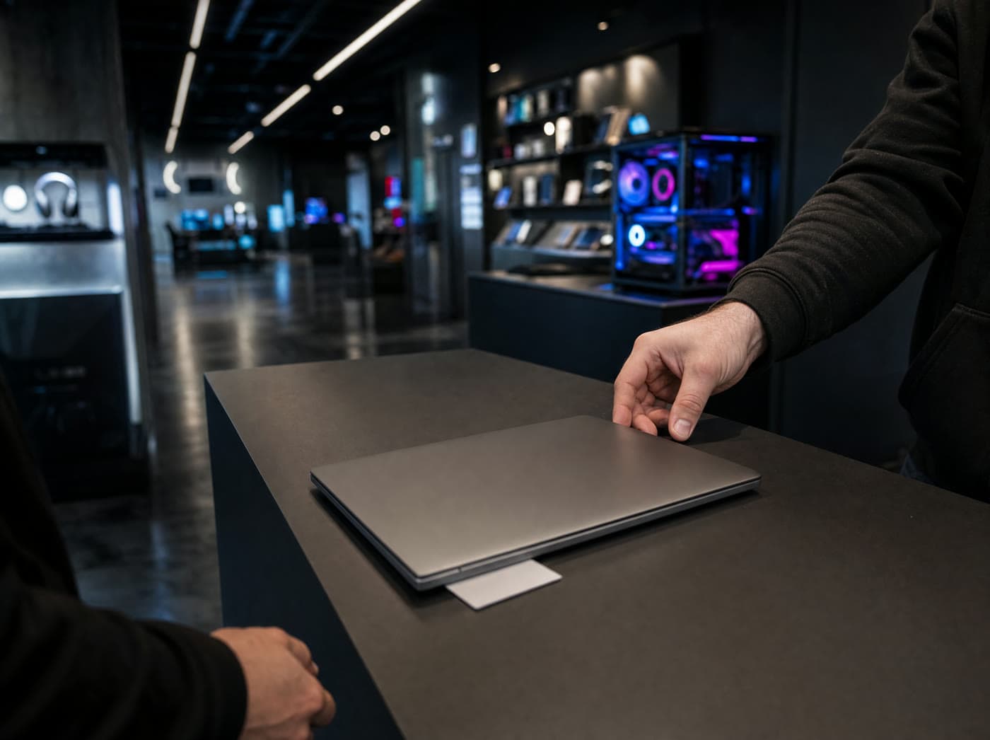 A repaired laptop slid across the counter toward the customer.